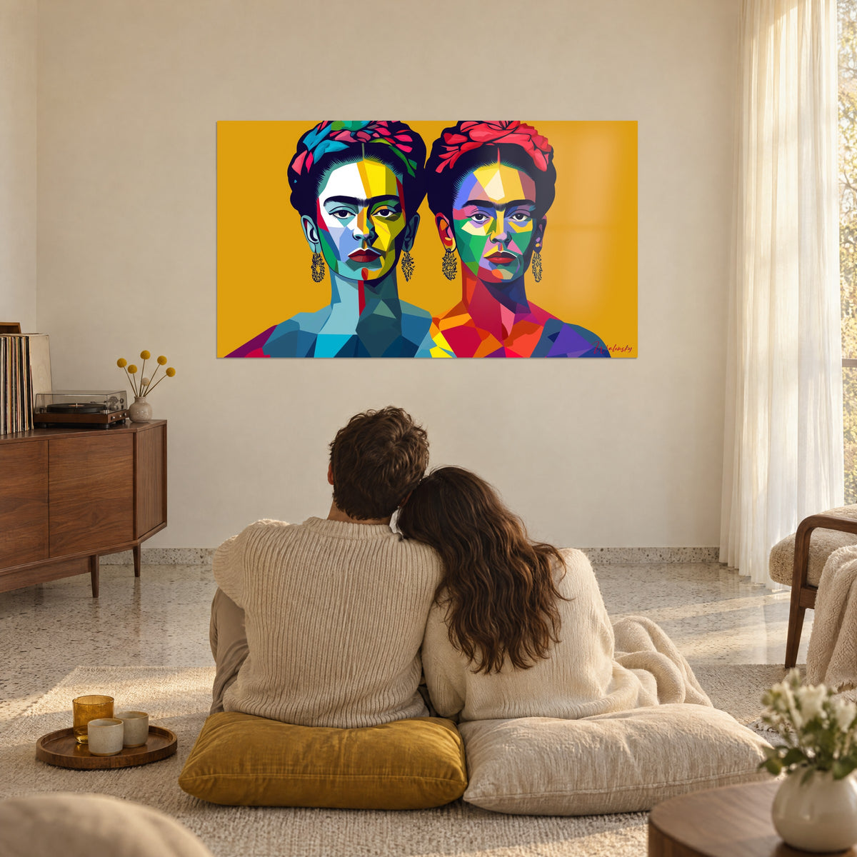 Schilderij kleurrijke hommage aan de Mexicaanse schilderes, twee ernstige blikken, rode kransen en huid in veelkleurige scherven, tegenover een omhelsd koppel