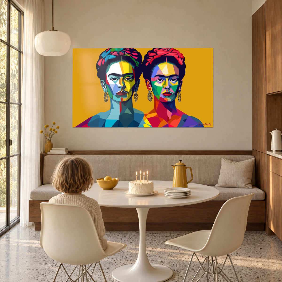 Schilderij popart schilderij van twee vrouwen met bloemversierde vlechten, smaragdgroene wangen en paarse schouders op oker, naast een ronde tafel