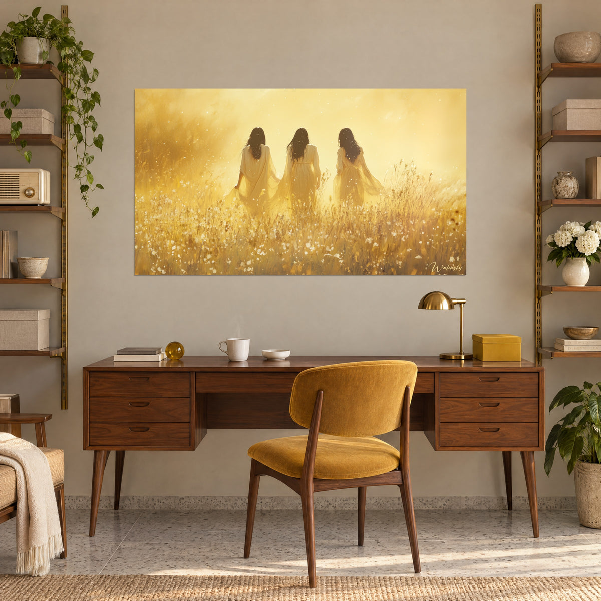 Quadro tre spigolatrici in abiti leggeri, erbe alte color crema e oro, appeso sopra una scrivania in legno e una sedia senape