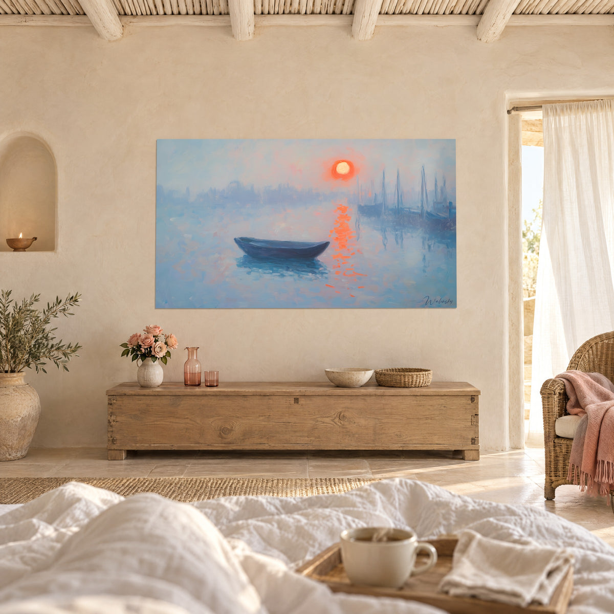 Wall art misty harbour at sunrise, orange and sky-blue reflections, above a bed in a bright bedroom