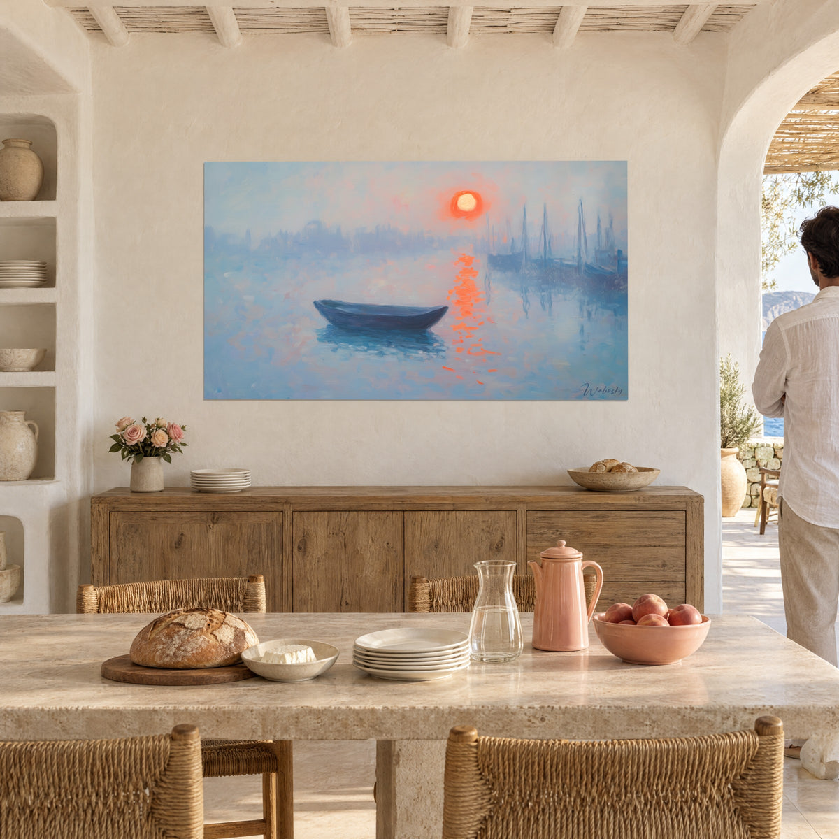Wall art navy blue boat floating under a red celestial body, masts veiled in mist, on the wall of a Mediterranean dining room