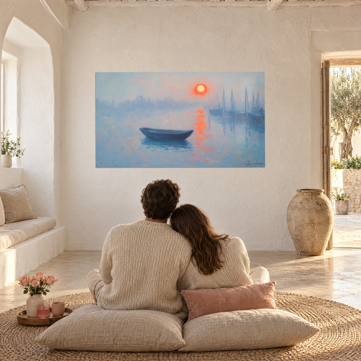 Wall art dawn harbour impression, violet boat and vermilion sun, facing a couple seated on floor cushions