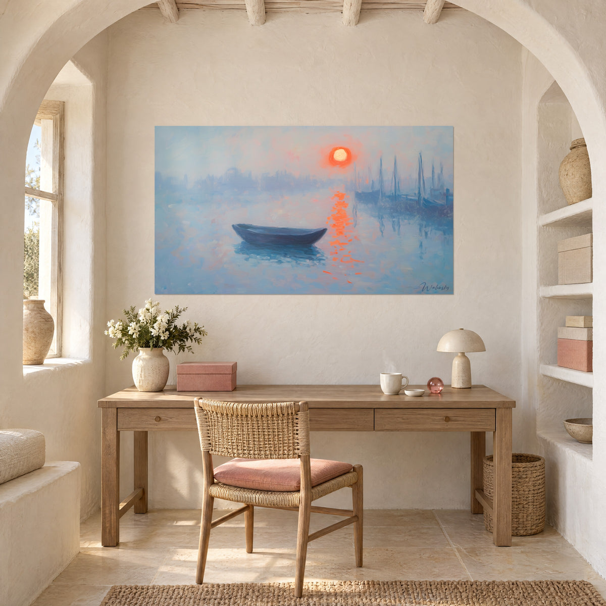 Wall art orange wake on calm water, midnight blue boat and pastel sky, above a light wood desk near an arch