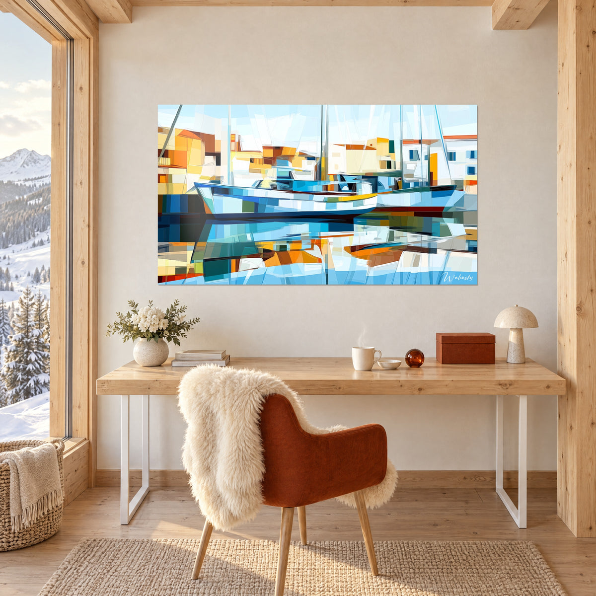Cuadro fondeadero mediterráneo en destellos geométricos azul glaciar y anaranjado, velas pálidas, pared blanca sobre un escritorio de madera