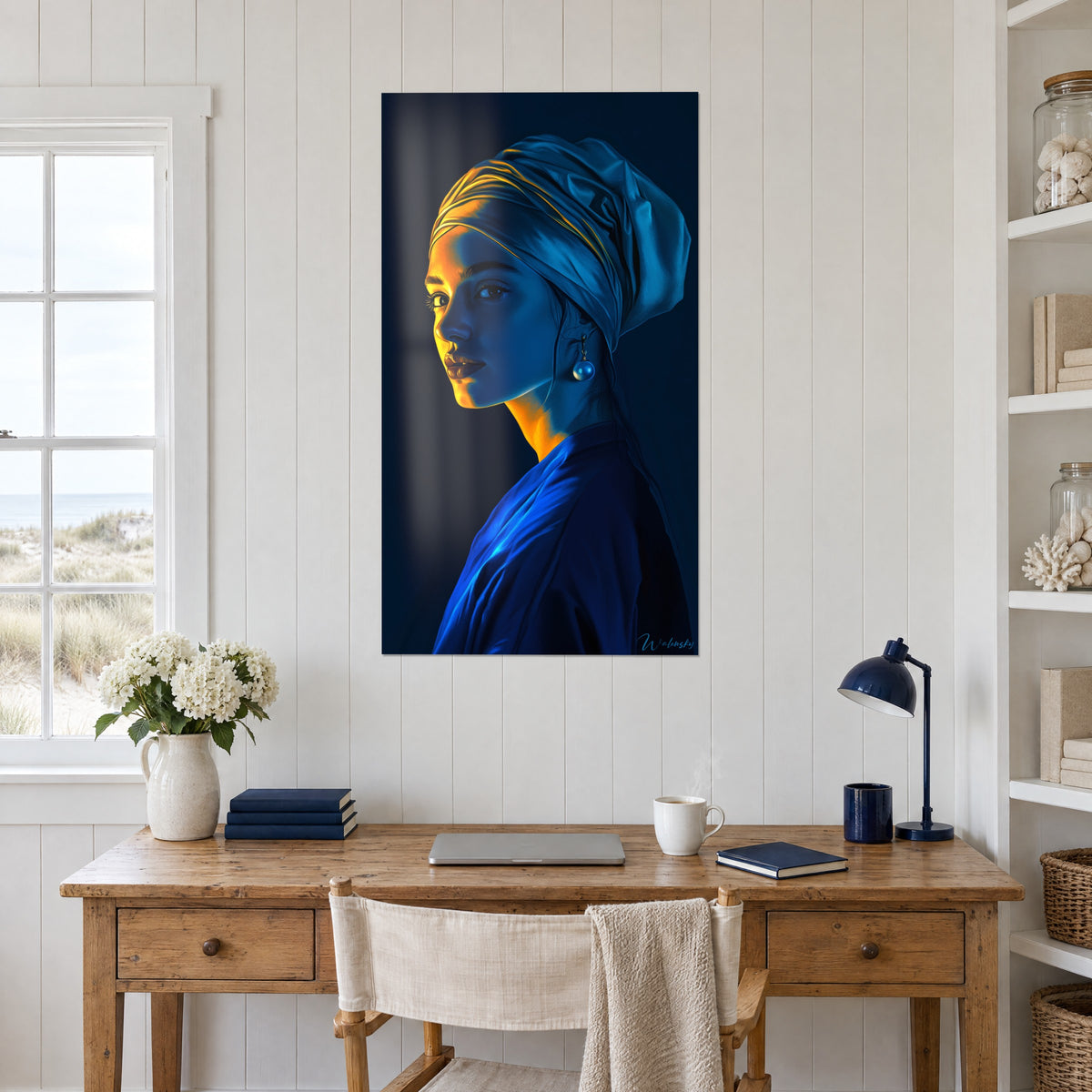 Quadro ritratto in chiaroscuro, turbante blu azzurro con riflessi ambrati, orecchino di perla, sopra una scrivania di legno vicino a una finestra