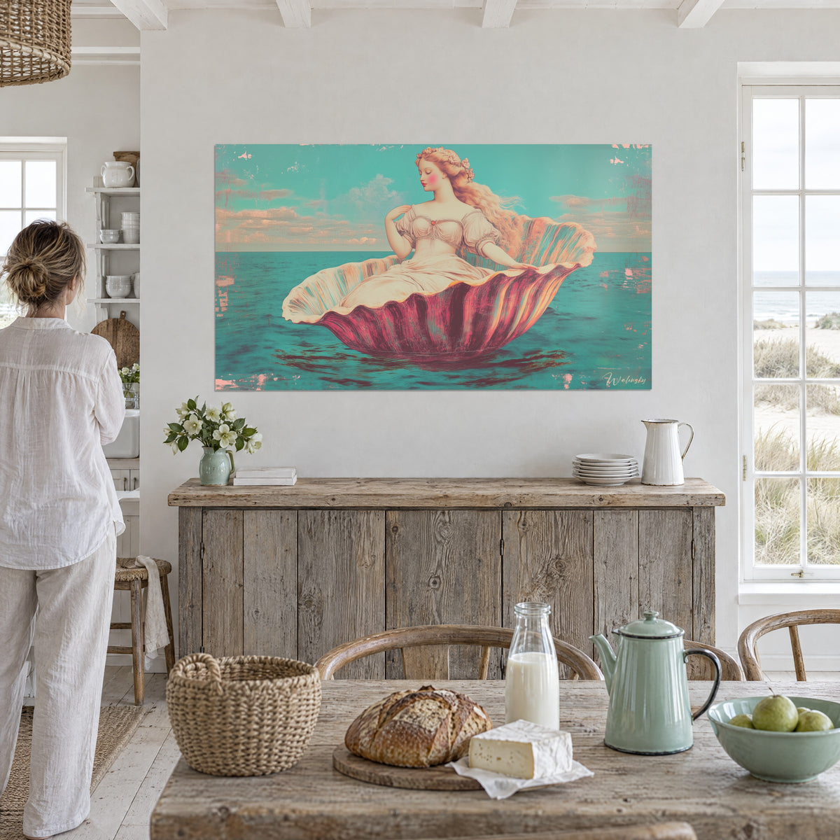 Gemälde der Geburt der Venus im Retro-Collage-Stil, goldenes Haar, pastellfarbener türkis-aprikosenfarbener Himmel, Esszimmer am Meer