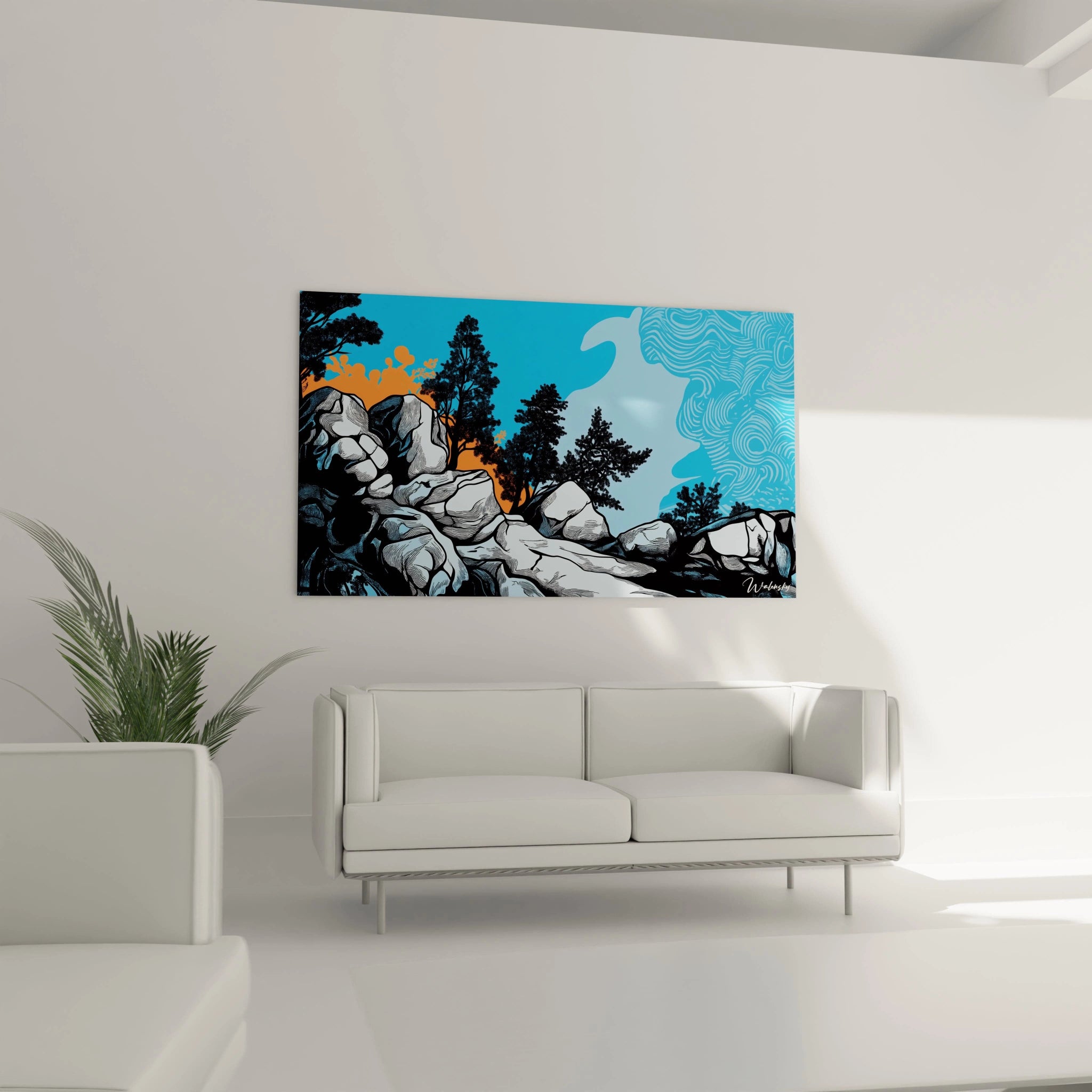 Un tableau Alfred Sisley mettant en scène des rochers anguleux et des pins noirs, sur un fond composé d’un ciel bleu et orange, avec des textures hachurées et des motifs ondulés sur la partie supérieure.

