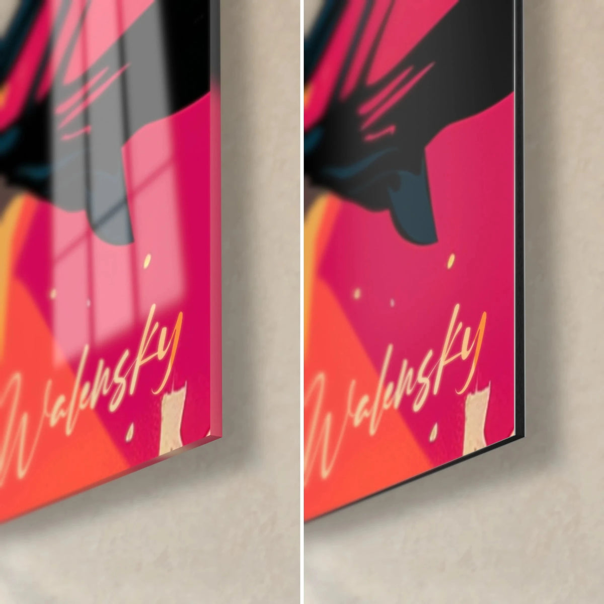 Quadro autoritratto in fucsia e arancio, in basso a destra: firma dorata Walensky, vetro acrilico lucido e alluminio Dibond opaco