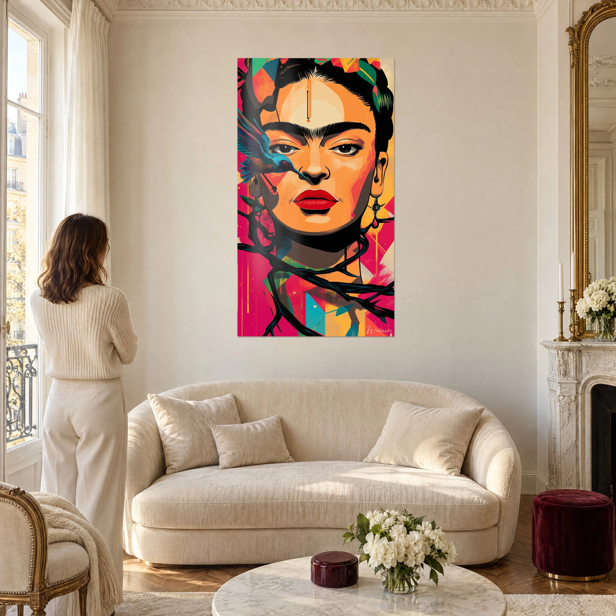 Quadro ritratto stilizzato con labbra rosse e sopracciglia nere, colibrì blu, sfondo fucsia, sopra un divano in un soggiorno luminoso