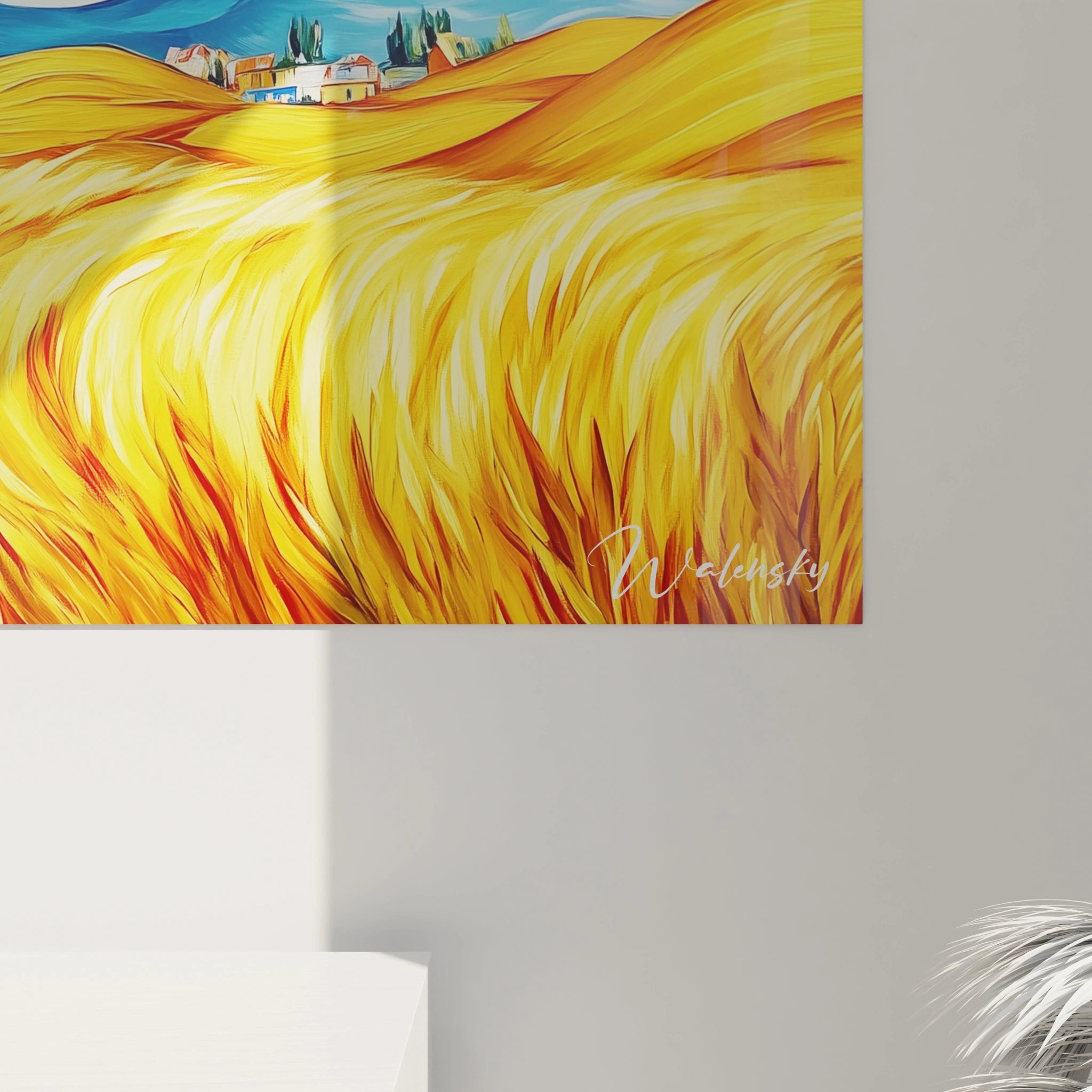 Un tableau Vincent Van Gogh mettant en avant des champs dorés et des nuages tourbillonnants, avec des textures marquées et des couleurs dominantes jaune, bleu et vert.







