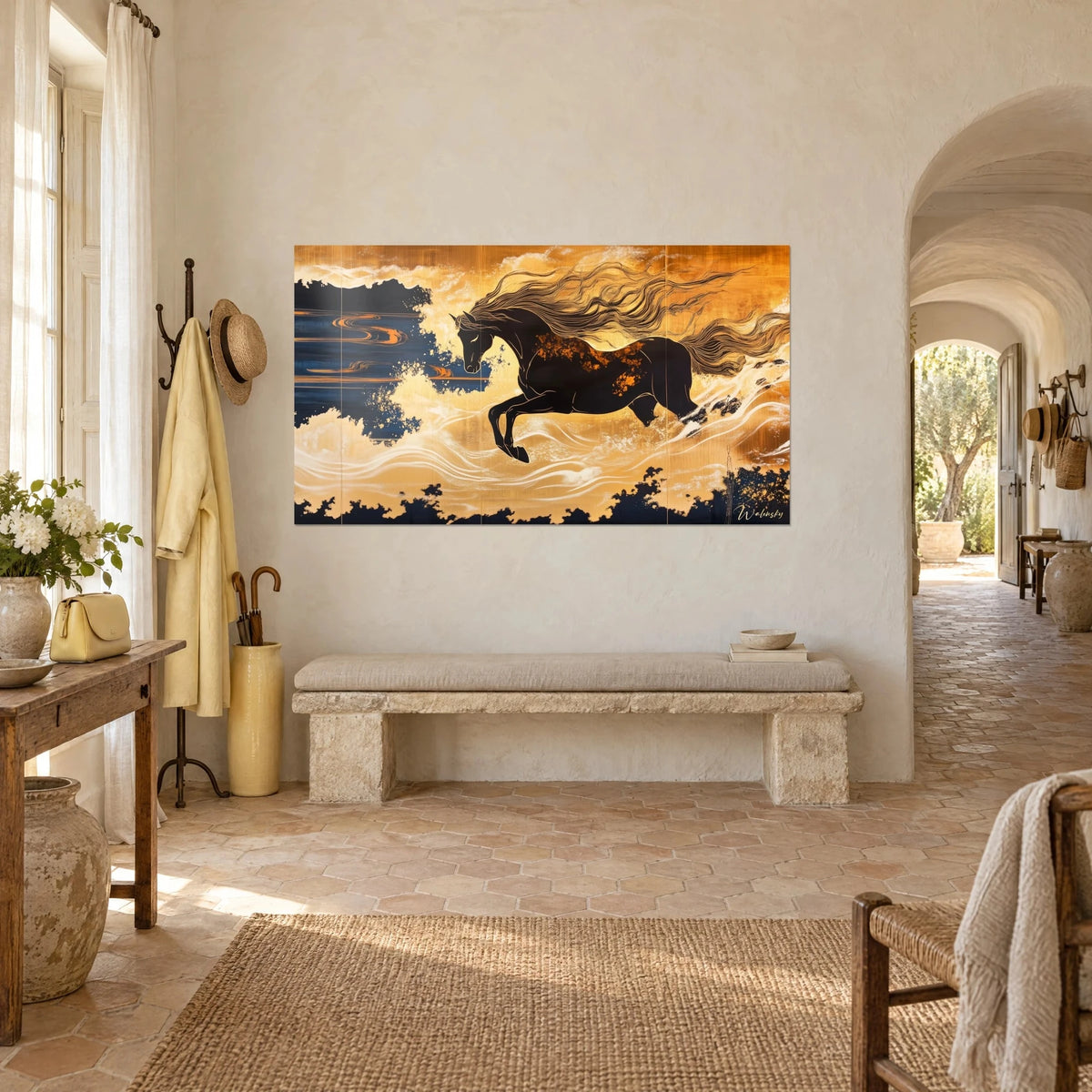 Tableau étalon sombre sautant dans l'écume ocre, fond d'or et orange, vu de trois quarts sur un mur de mas provençal