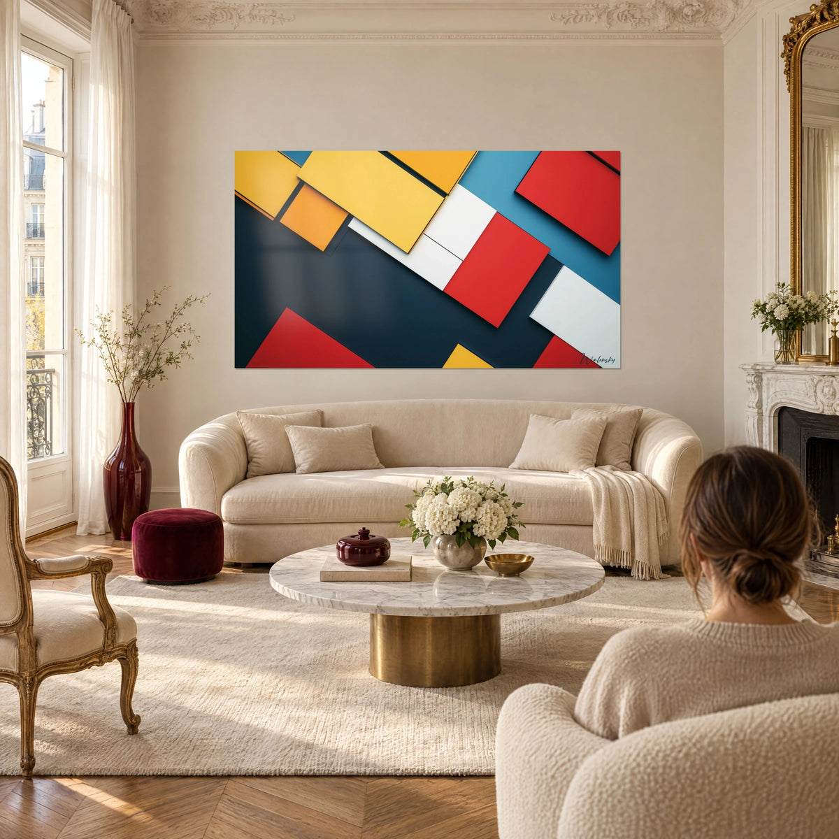 Cuadro rectángulos geométricos en rojo, amarillo y azul, mujer de espaldas, sobre un sofá en un salón luminoso