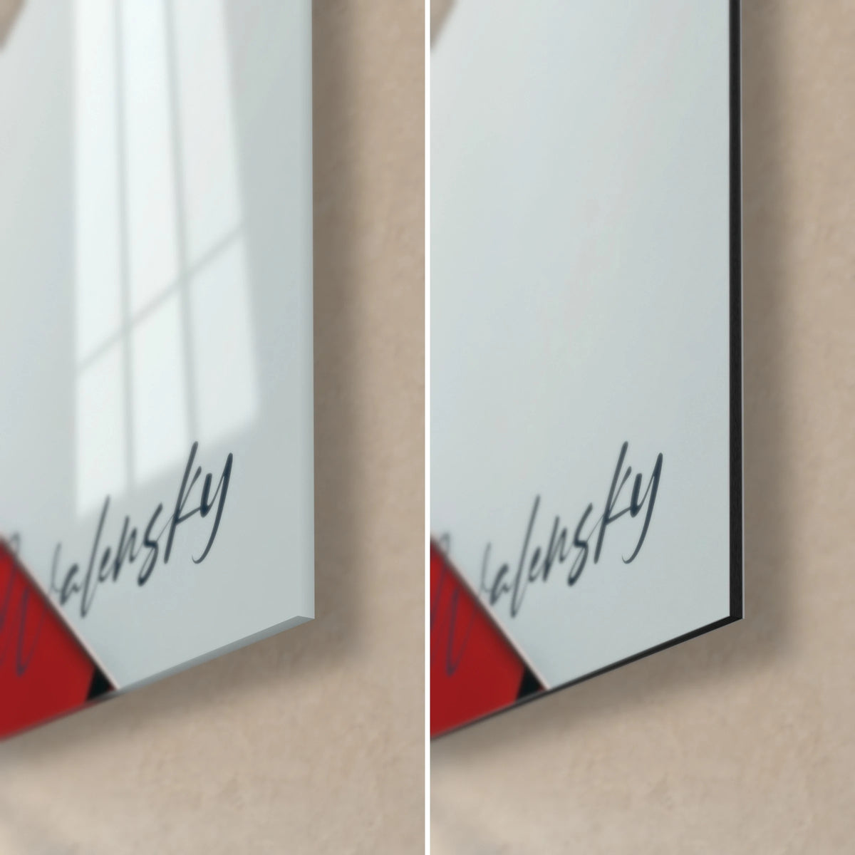 Cuadro planos geométricos rojo y blanco, esquina inferior derecha: cristal brillante a la izquierda, aluminio Dibond mate a la derecha, canto de 3 mm