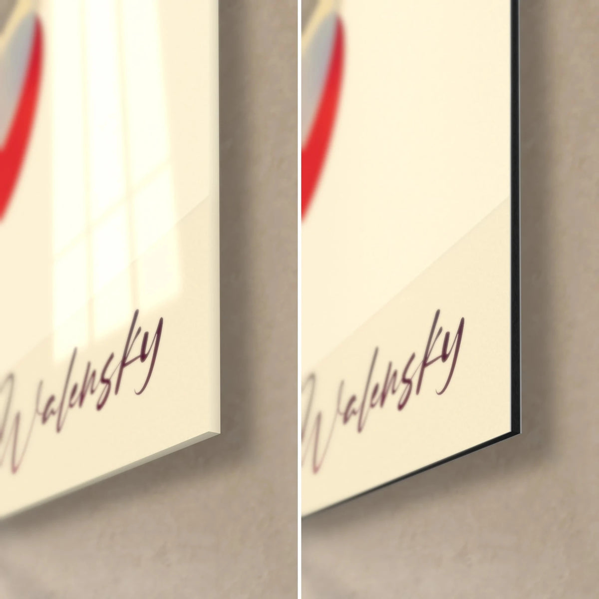 Wall art with abstract plum and ochre geometry, bottom-right corner in glossy glass reflecting the window and matte black Dibond aluminium, 3 mm thickness