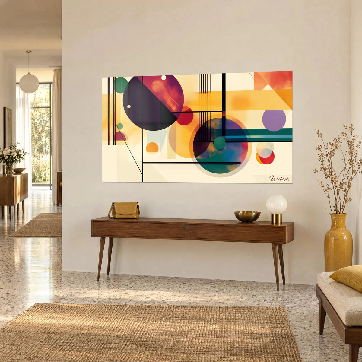Wall art with an abstract composition of burgundy and teal discs, a saffron yellow band, three-quarter view of a wooden console table