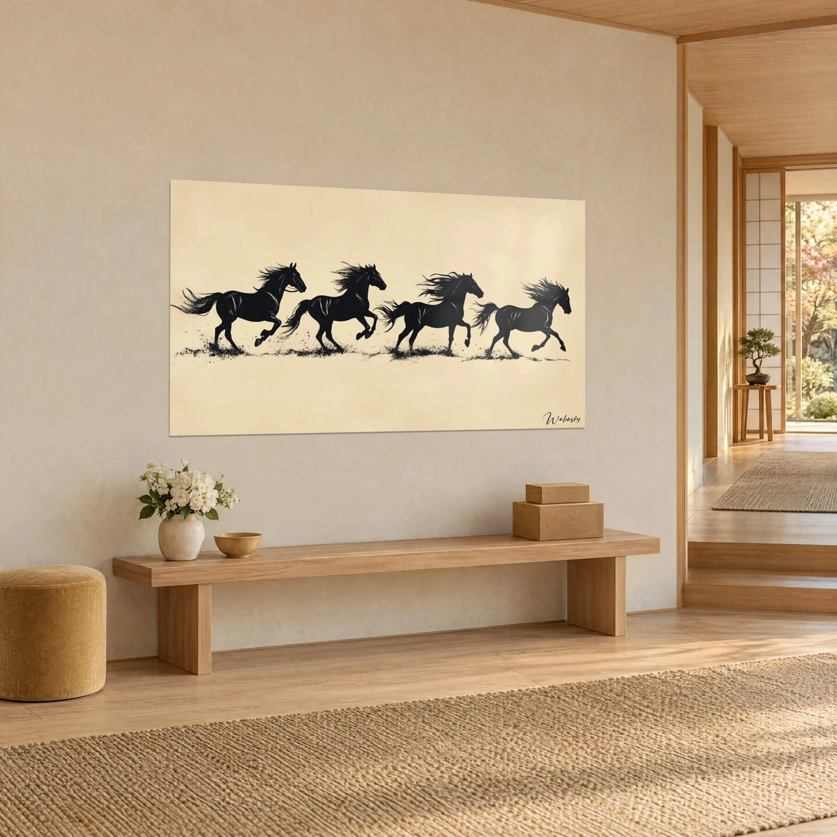 Tableau cavalcade de silhouettes équines noires sur papier ivoire, éclaboussures d'encre, banc en bois clair, entrée japandi
