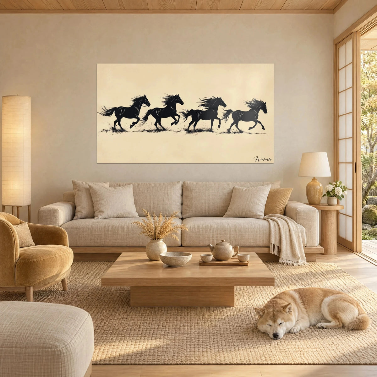 Tableau quatre chevaux noirs au galop, crinières au vent sur fond crème sable, Shiba endormi, au-dessus d'un canapé dans un salon lumineux