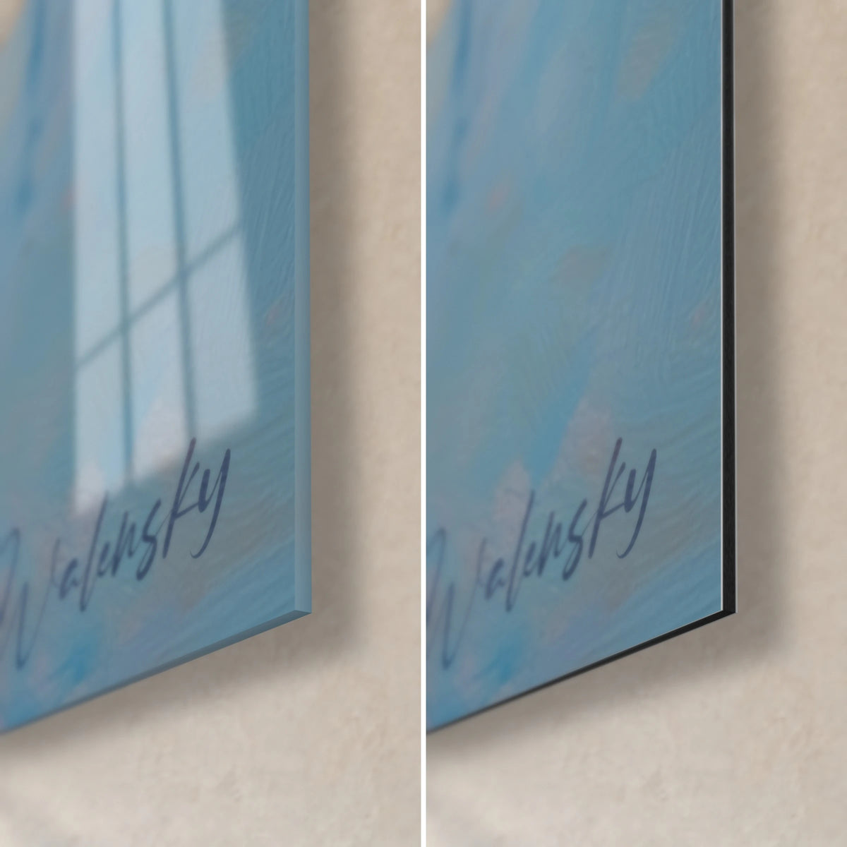 Wall art boat in the mist, blue signature bottom right, glossy acrylic glass on the left, matte Dibond on the right
