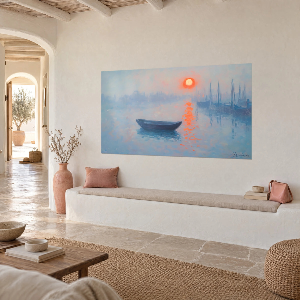 Wall art indigo boat on smooth water, pale blue misty sky and red disc, white bench of a Mediterranean house