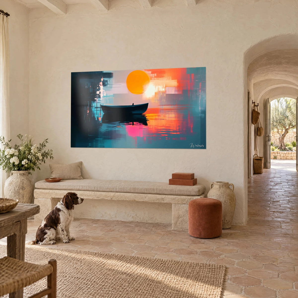 Tableau soleil levant orange sur une barque sombre, ciel corail et eau turquoise, spaniel assis près du banc dans un mas provençal
