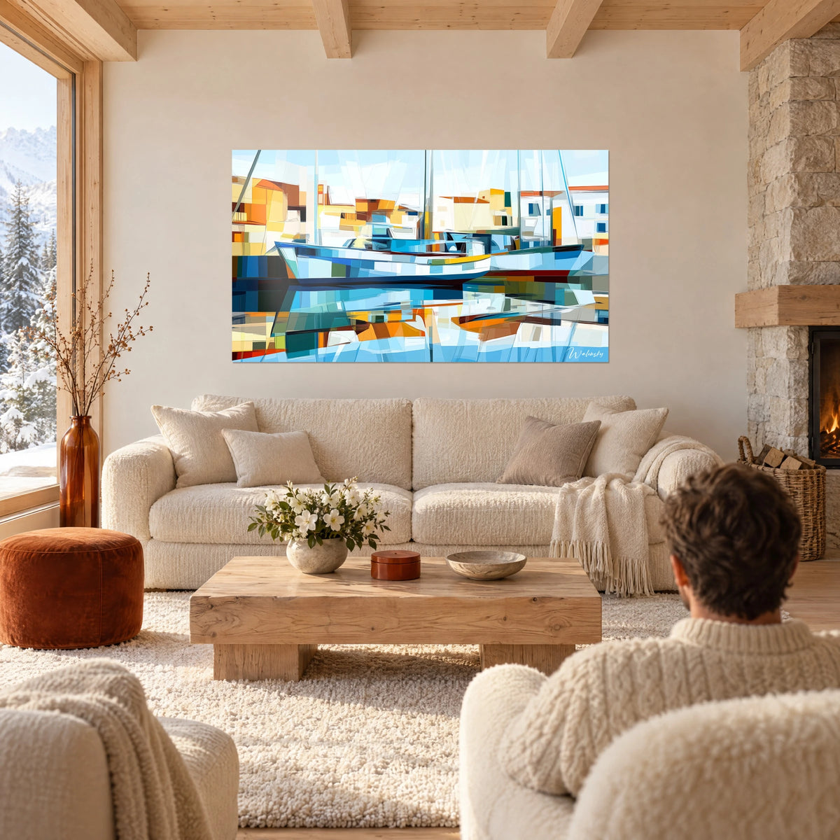 Cuadro veleros amarrados en facetas azul cielo y naranja, casas ocres reflejadas, sobre un sofá en un salón luminoso