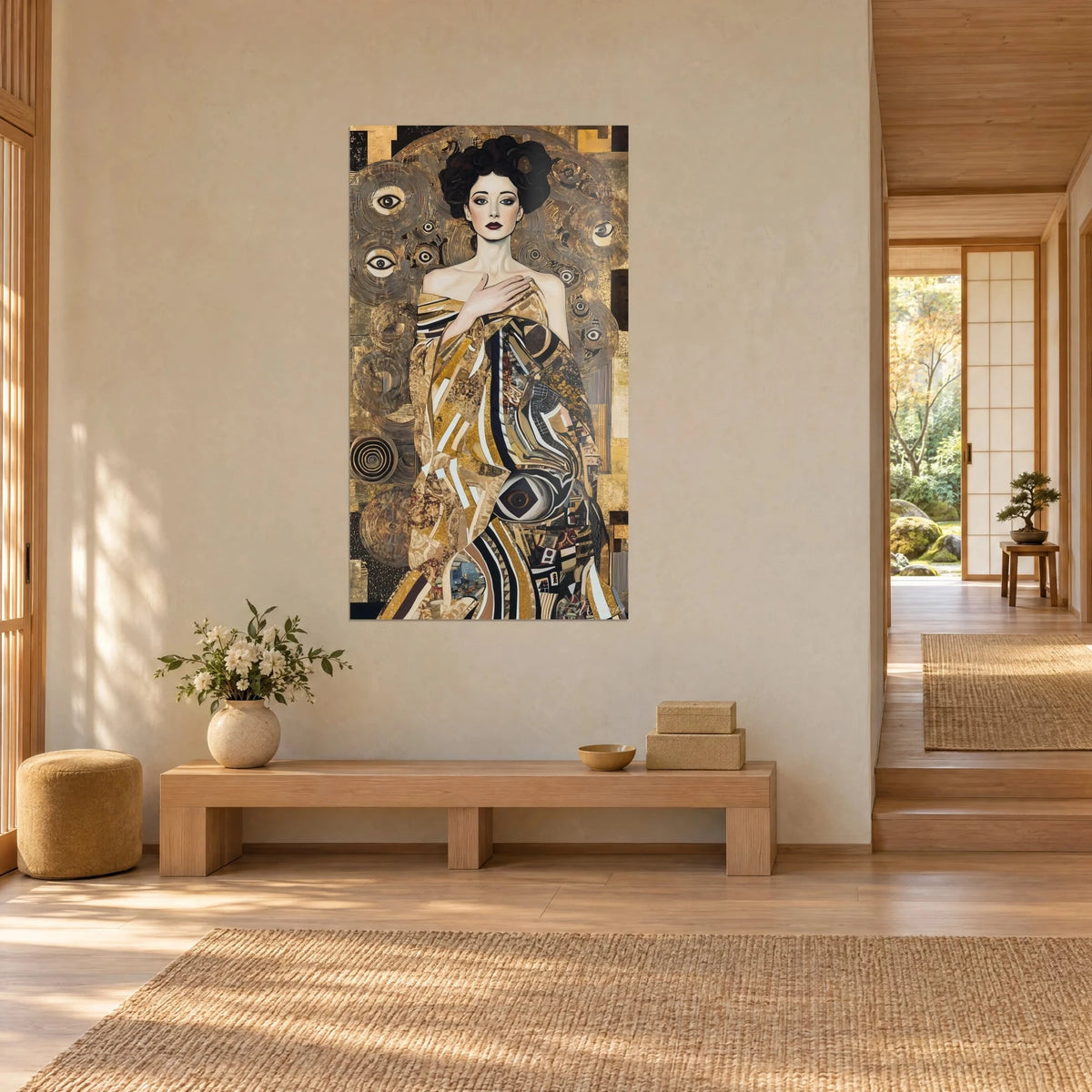 Tableau portrait klimtien d'une femme main sur la poitrine, yeux stylisés en cercles bronze et ivoire, vue de trois-quarts dans un couloir japandi