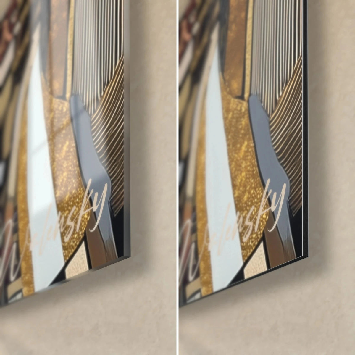 Tableau égérie à robe dorée et noire, coin bas droit : verre acrylique brillant aux reflets à gauche, alu Dibond mat et tranche 3 mm à droite
