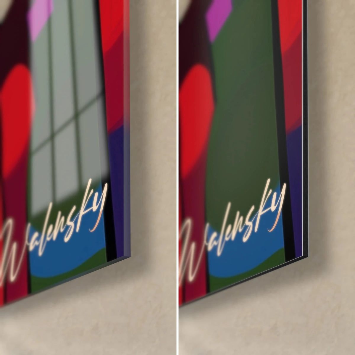 Tableau dame aux boucles noires, coin bas droit : verre brillant à reflets rouge et bleu, Dibond vert mat, tranche de 3 mm