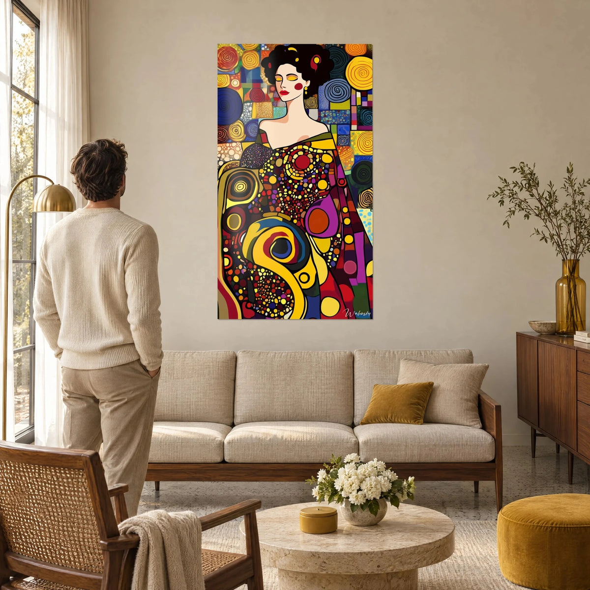 Tableau femme aux yeux clos et lèvres rouges, spirales jaune d'or et pourpre, au-dessus d'un canapé dans un salon lumineux