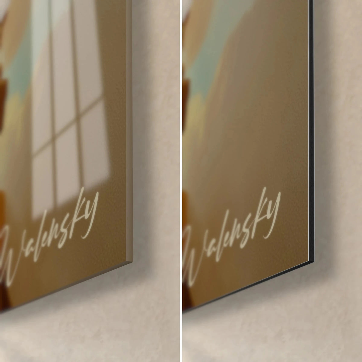 Wall art of Jupiter and Thetis, bottom right corner: glossy acrylic glass with window reflections, matte Dibond aluminium, black 3 mm edge