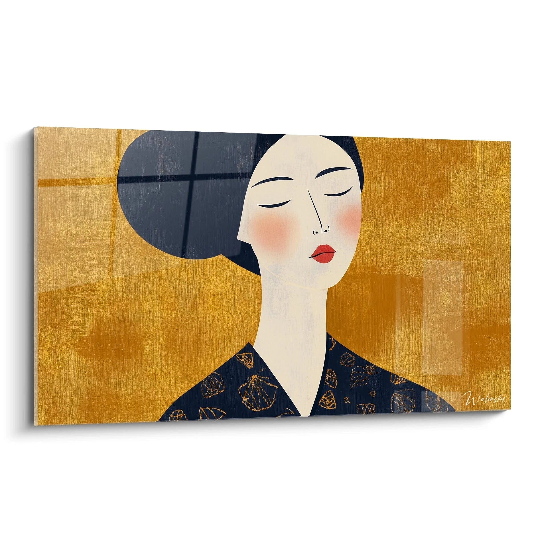 Un tableau Amedeo Modigliani représentant un visage stylisé aux yeux fermés, avec des teintes de beige, noir et rouge sur un fond doré texturé.

