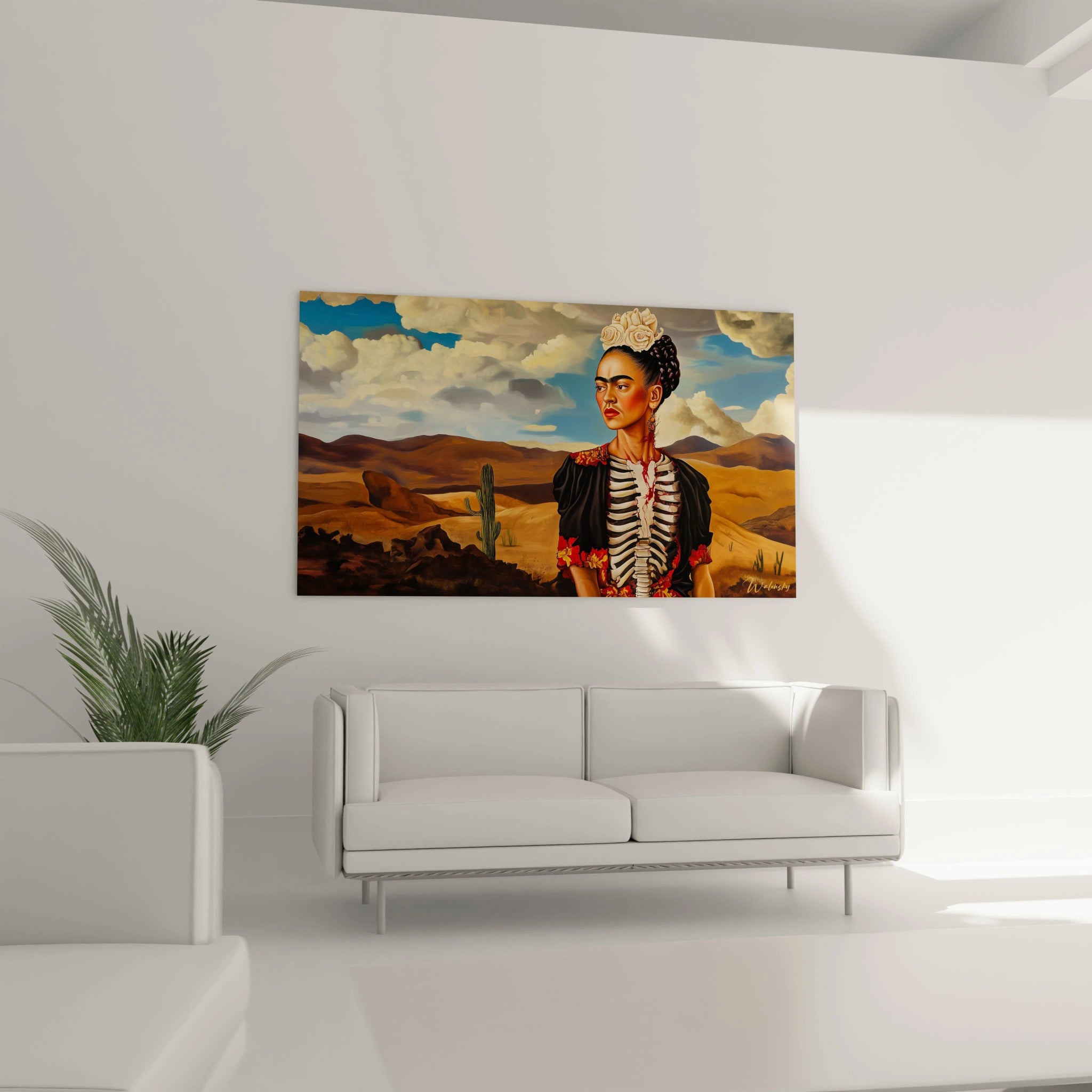 Un tableau Frida Kahlo présentant une femme avec des fleurs blanches, des vêtements détaillés et des couleurs vives, dont le marron, le rouge, et le bleu, sur un arrière-plan de désert.

