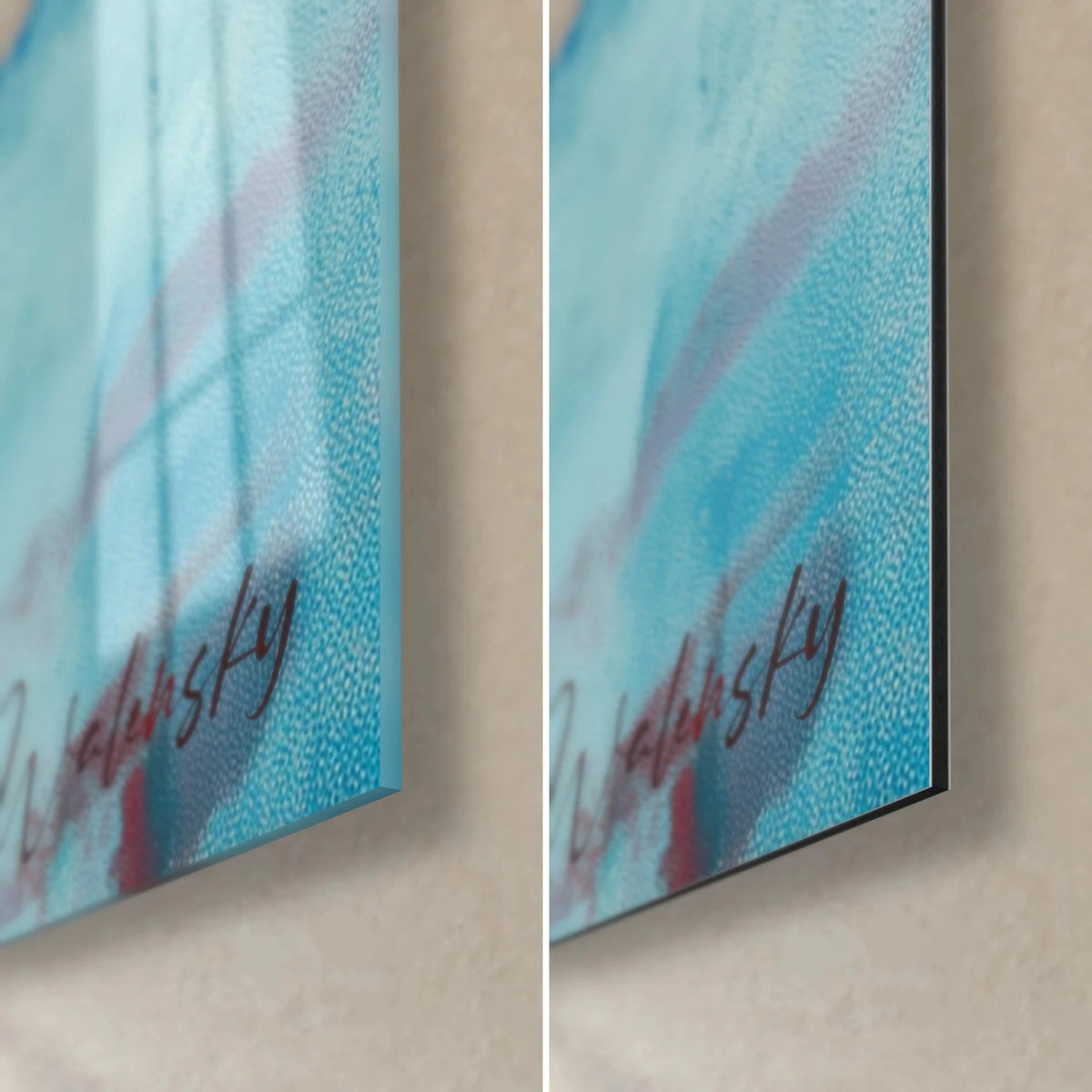 Schilderij vrouw met blauw skelet, Walensky-handtekening in zwart op een turquoise hoek, glanzend acrylglas links, mat Dibond rechts