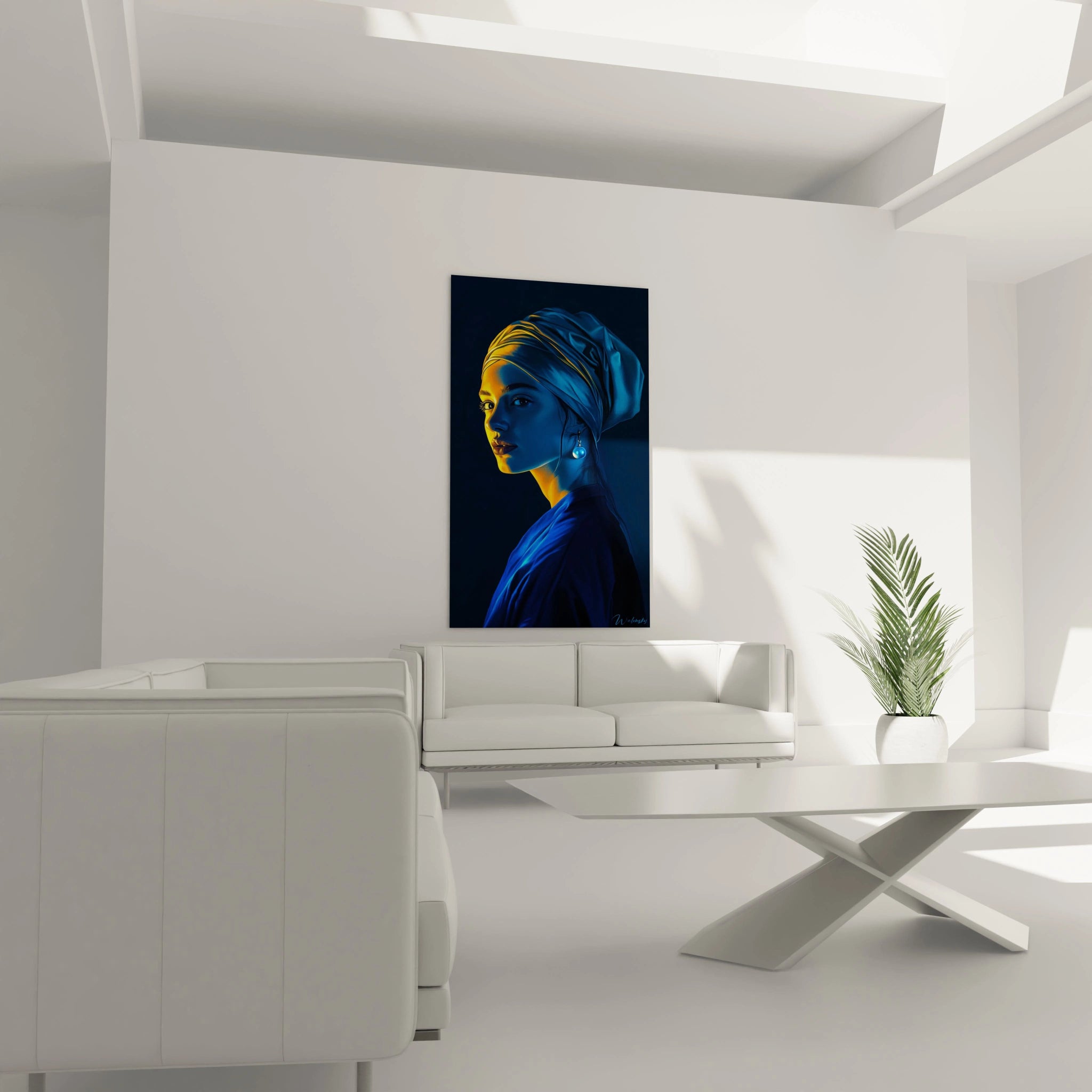 Un tableau Johannes Vermeer affichant un effet visuel détaillé sur un portrait féminin, avec des nuances de bleu profond et d’or, une perle suspendue et des ombres accentuant les contours.