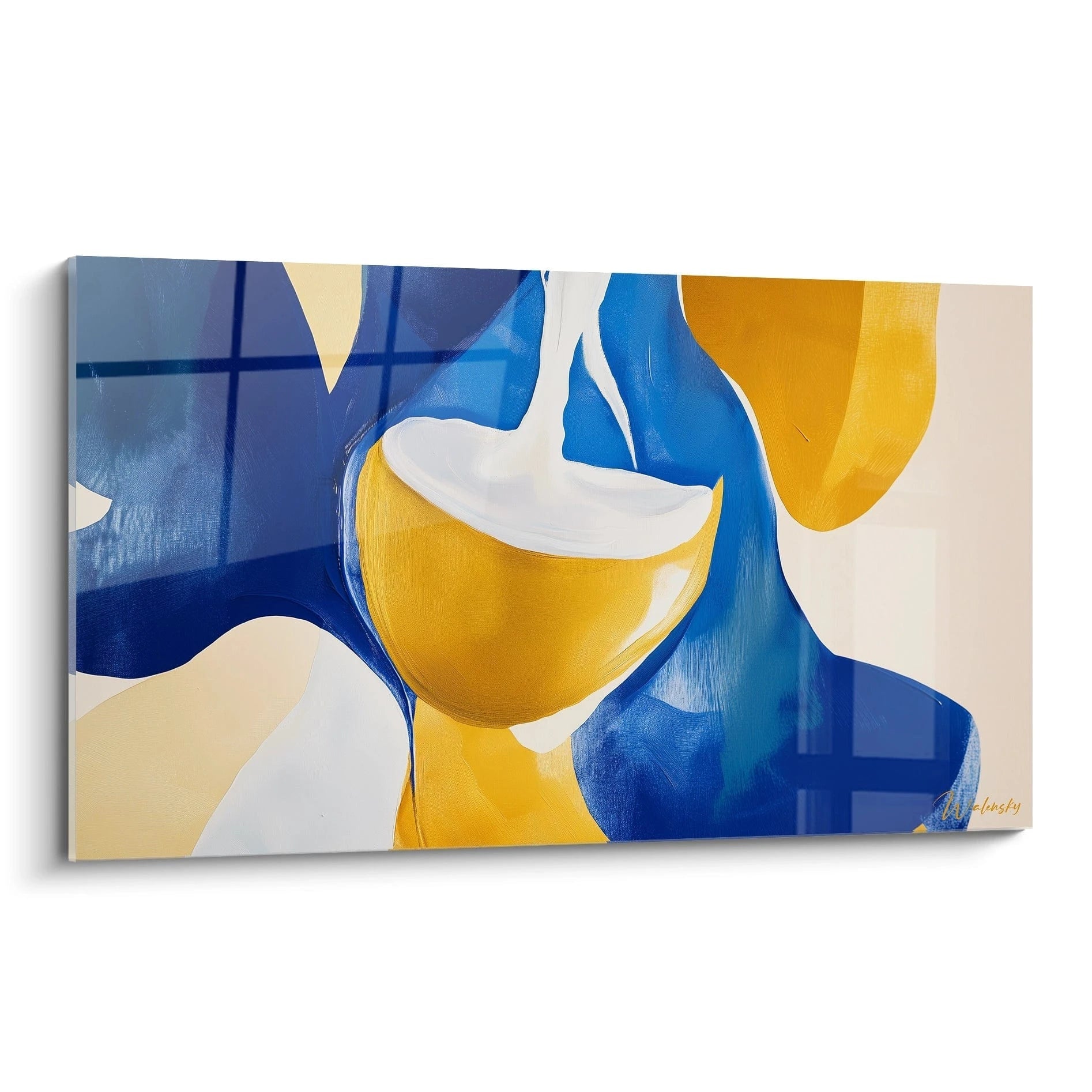  Un tableau Johannes Vermeer présentant une composition abstraite avec des formes fluides en bleu, jaune et blanc, et des textures lisses et superposées.