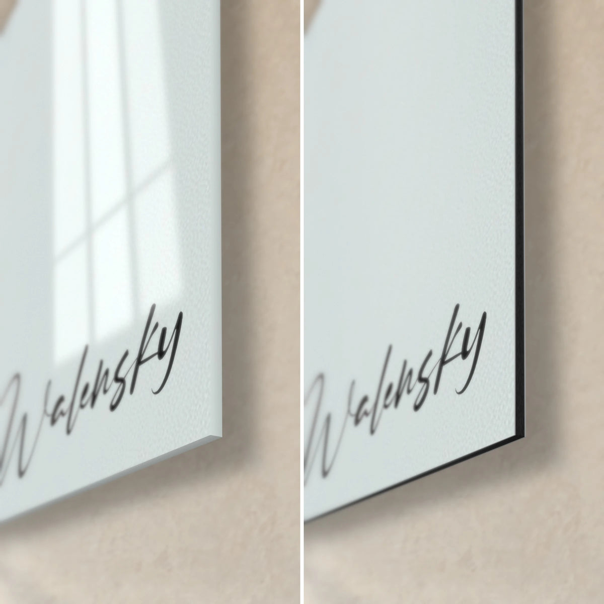 Obraz portret kobiety w czarnej i czerwonej lawie, prawy dolny róg: błyszczące szkło po lewej, matowy biały Dibond po prawej, krawędź 3 mm