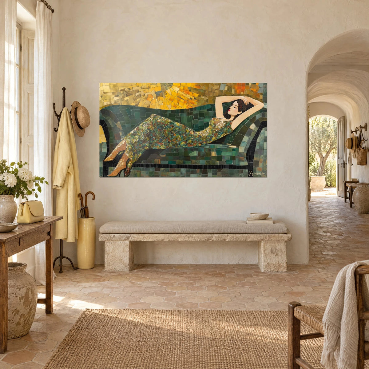 Wall art of an odalisque with raised arms, copper ankle boots, dark green divan and amber sky in mosaic, on the white wall of a Provençal farmhouse
