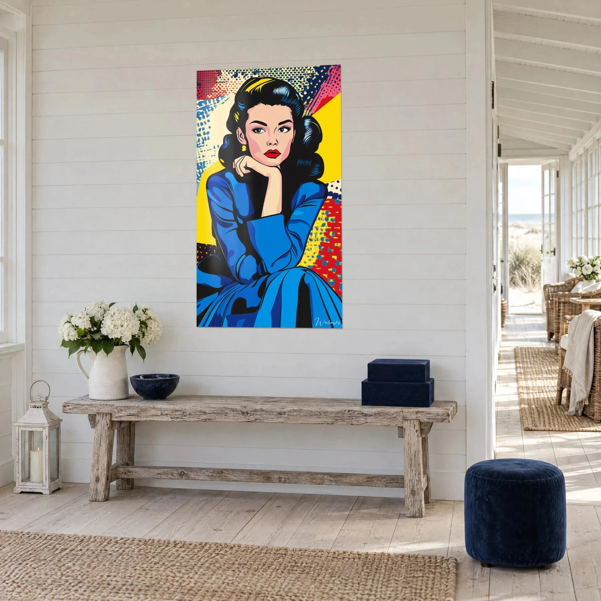 Cuadro retrato pop art de una morena pensativa, con la barbilla apoyada en la mano, superficies planas azules y amarillas, pared blanca de paneles de madera, casa junto al mar
