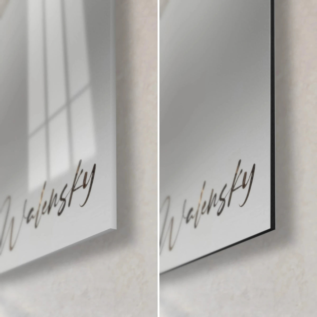 Wall art gilded bronze dancer, bottom right corner: glossy acrylic glass with reflections on the left, matte grey Dibond aluminium on the right, black edge