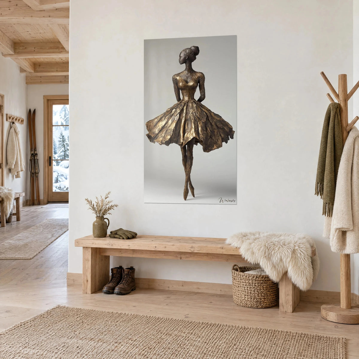 Wall art dancer sculpture poised en pointe, patinated ochre and brown bronze, white wall, wooden bench and snowy chalet