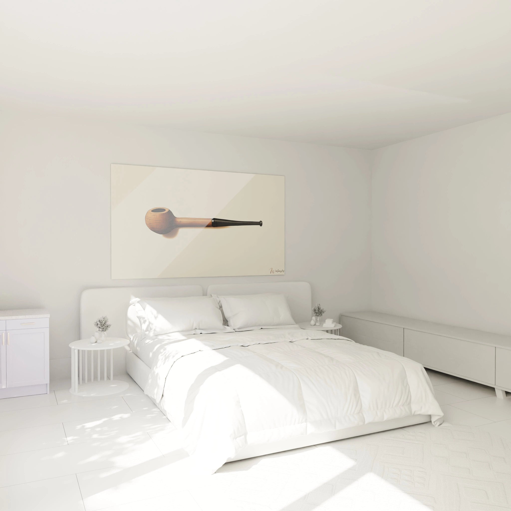 Un tableau René Magritte montrant une pipe réaliste en bois texturé, avec des nuances marron et noires, placée sur une surface beige sans relief visible.

