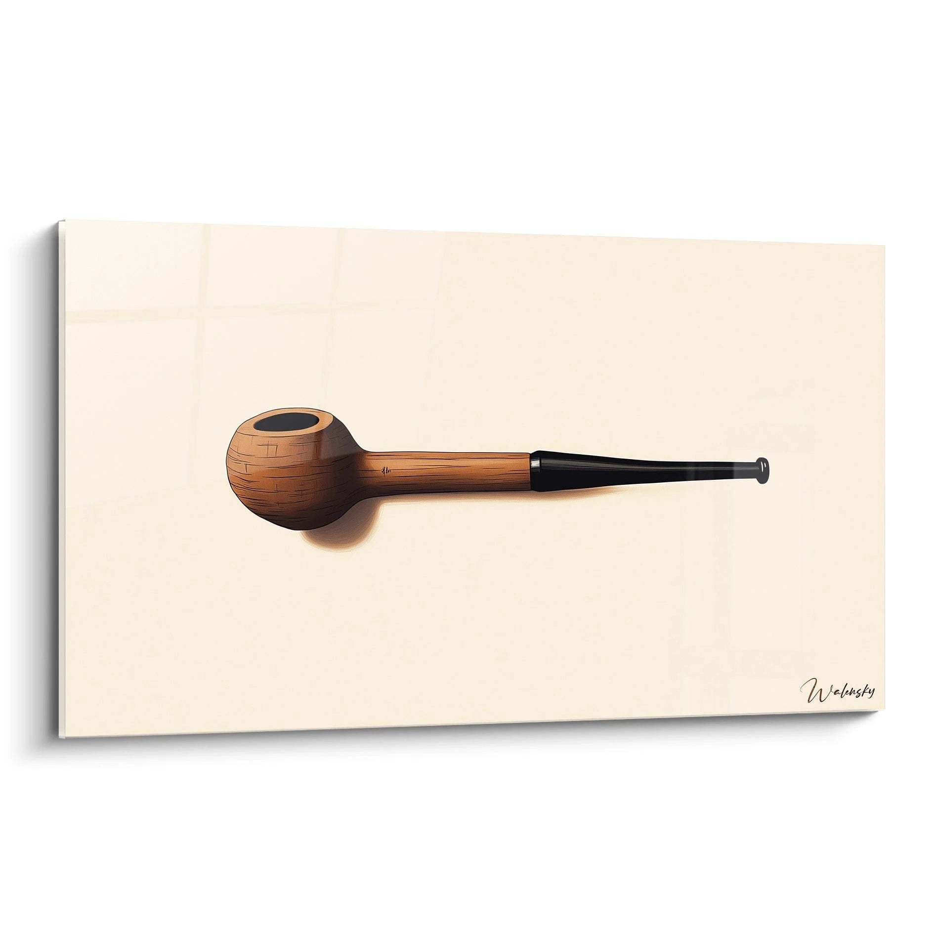 Un tableau René Magritte représentant une pipe en bois marron avec un tuyau noir, sur un fond beige uni et lisse, avec une ombre projetée accentuant l’effet de volume.

