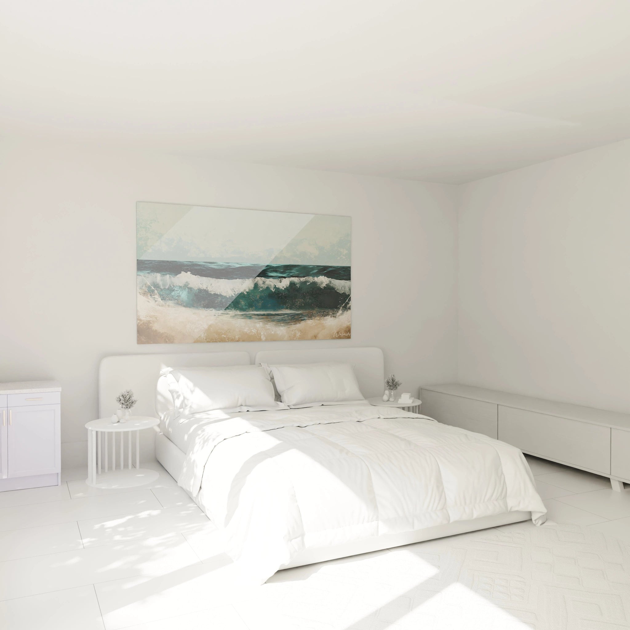 Tableau Gustave Courbet illustrant une mer agitée avec un ciel clair en arrière-plan, utilisant des tons bleu profond, blanc mousseux, et beige texturé pour la plage.

