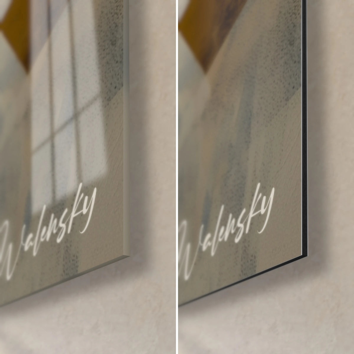Schilderij gestileerde witte figuren, glanzende glazen hoek rechtsonder en mat Dibond aluminium, 3 mm rand, Walensky-signatuur
