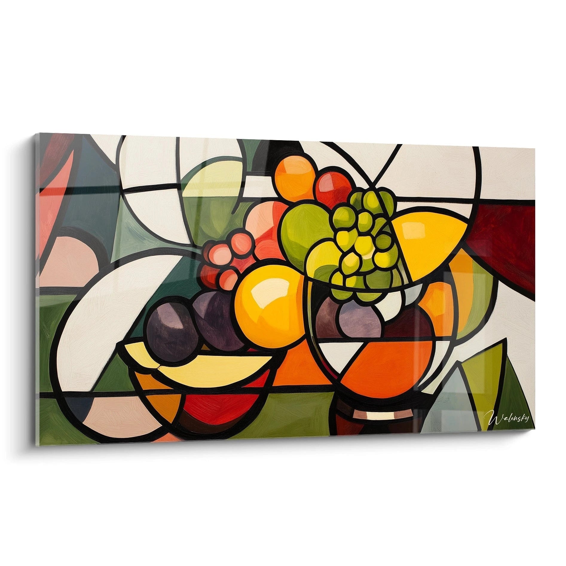 Un tableau Georges Braque représentant une nature morte cubiste avec des fruits, aux couleurs jaune, vert et rouge, délimités par des contours noirs épais et des formes géométriques nettes.

