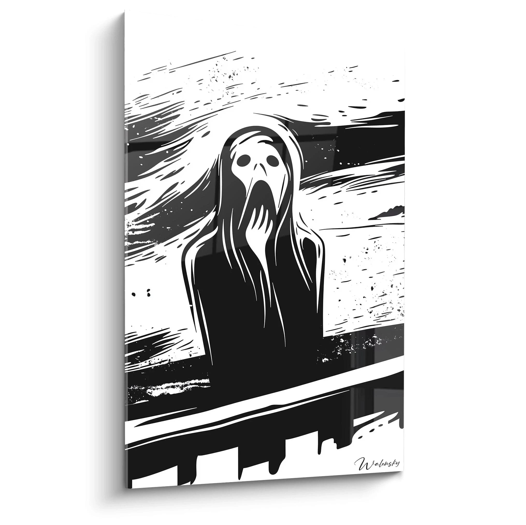 Un tableau Edvard Munch en noir et blanc représentant une figure stylisée au visage ovale, les mains posées sur son visage. Des lignes dynamiques et des textures contrastées animent l’arrière-plan.

