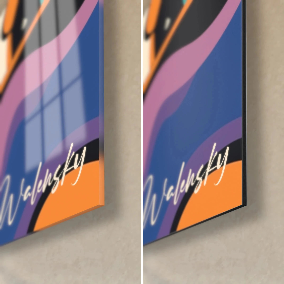 Tableau personnage hurlant, coin bas droit : signature Walensky sur aplats bleu, violet et orange, verre brillant et Dibond mat