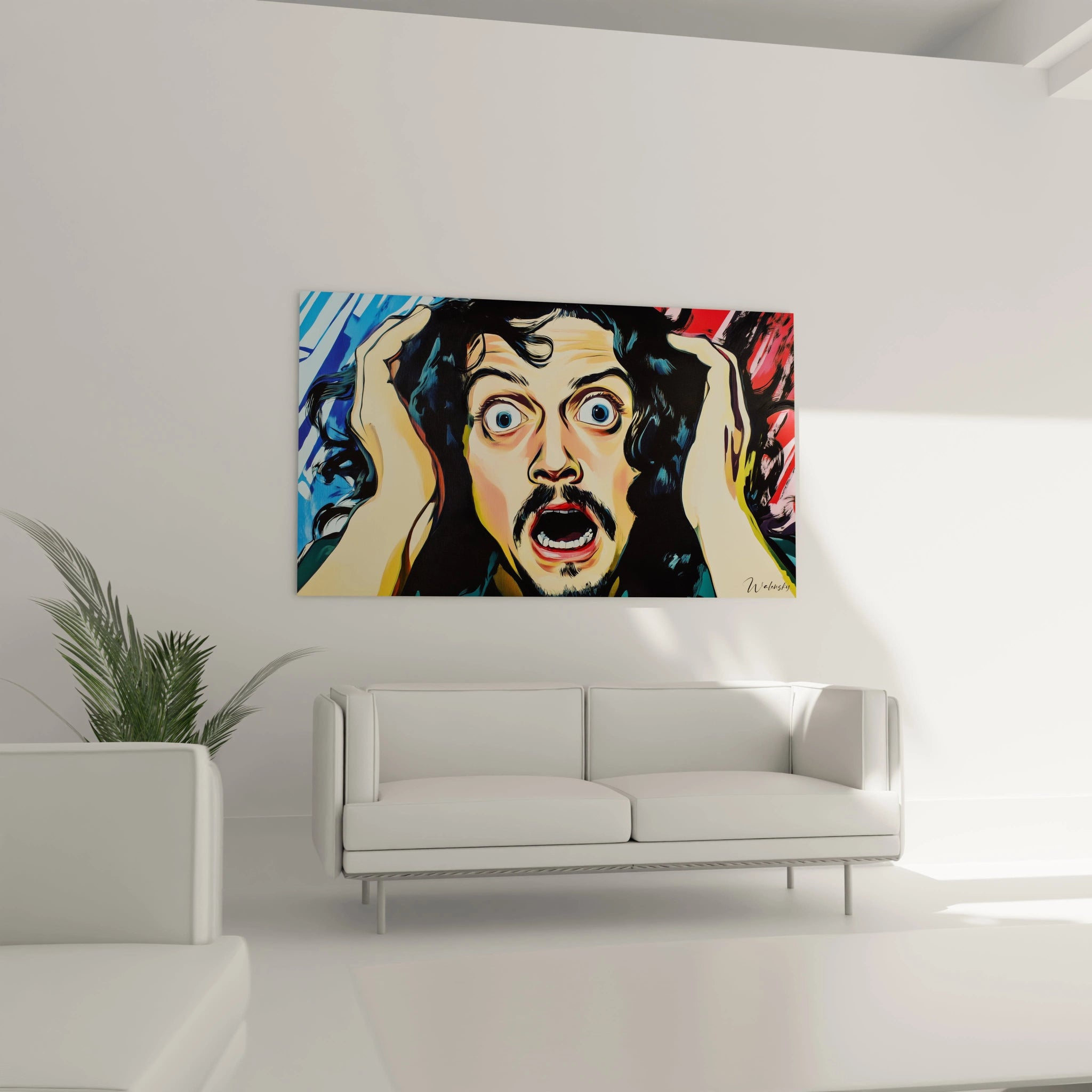 Un tableau Gustave Courbet montrant un visage central détaillé, aux tons chair beige et noir, entouré d’éclats rouges et bleus en arrière-plan, avec des textures linéaires.

