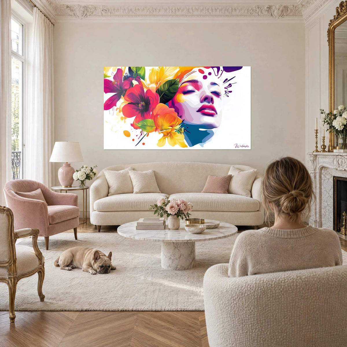 Tableau visage de femme aux paupières closes coiffé d'hibiscus fuchsia et corail, accroché au-dessus d'un canapé dans un salon lumineux