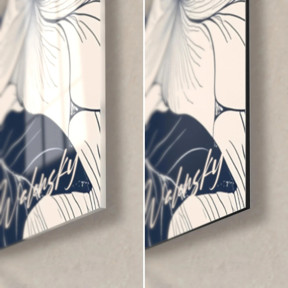 Tableau portrait fleuri de profil, coin bas droit: acrylique brillant à reflets, Dibond mat noir, signature bleu nuit
